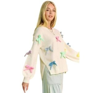 NWT Davi & Dani Bow Sweater Multicolor on Cream Size Small